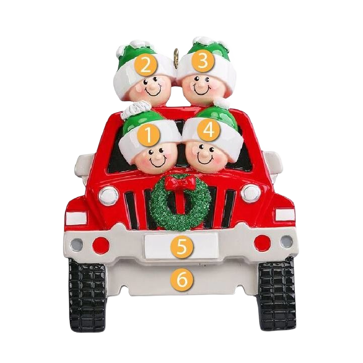 Red SUV ornament with four smiling figures wearing green and white hats Christmas tree decoration under $50 collection