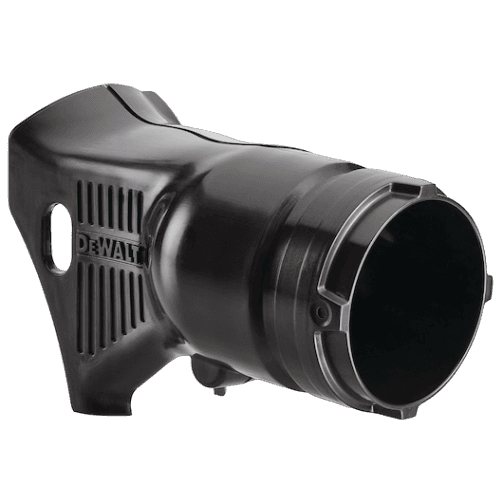 Black dust extraction attachment for DEWALT power tools, designed to improve dust collection for woodworking and home improvement projects.
