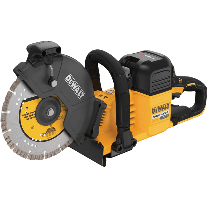 Yellow and black cordless brushless cutoff saw with 9-inch blade for concrete cutting in Power Tools and Saws collections