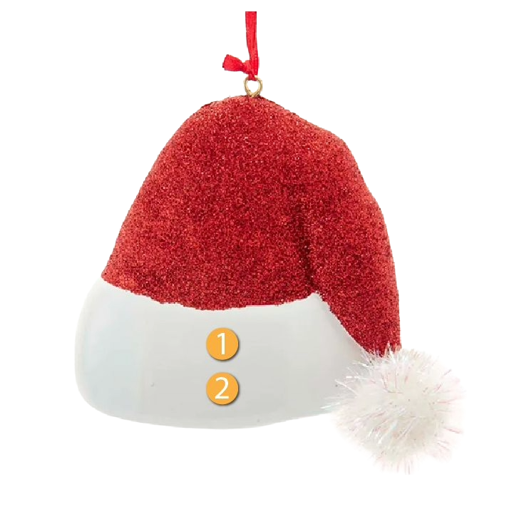 Glittery red and white Santa hat ornament with white tinsel pom for Christmas tree decoration under $50.