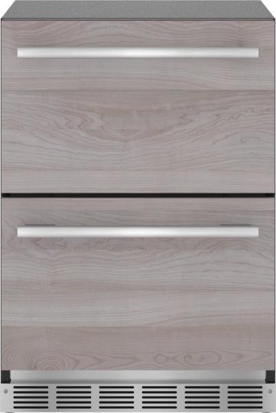 under counter double drawer refrigerator with light wood panel finish and stainless steel handles for kitchen appliances
