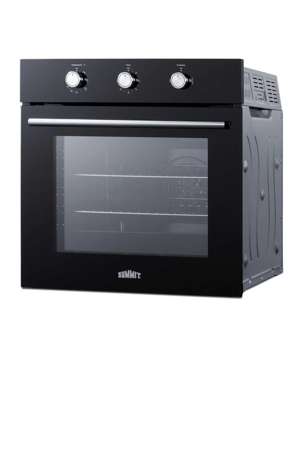 Black single gas wall oven with glass door, control knobs, and interior racks for kitchen and home improvement appliances.