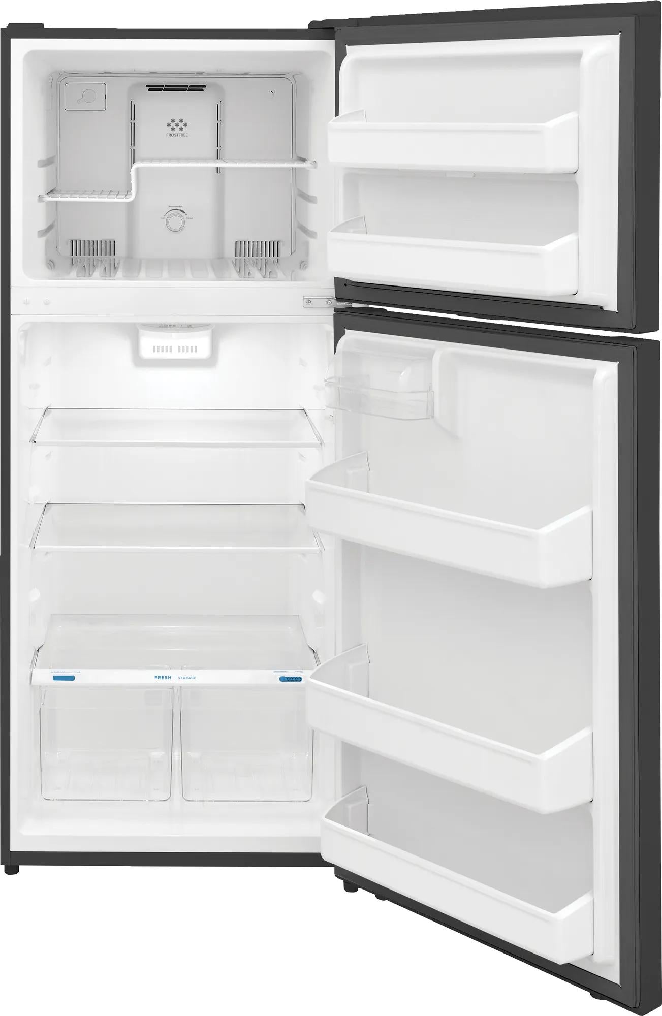 Open 18 Cu. Ft. top freezer refrigerator with clear glass shelves, spacious door bins, and fresh-crisp drawers in appliance collections