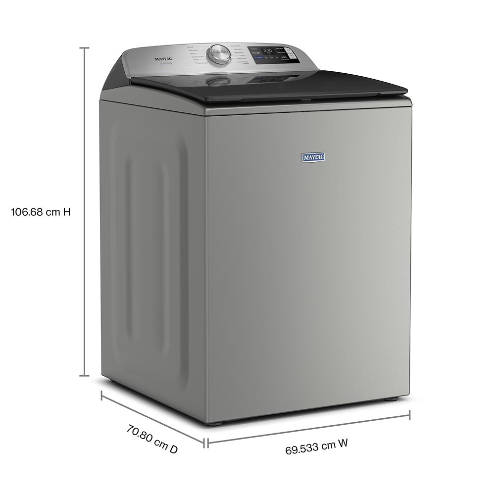 Silver smart top load washer with digital controls and Pet Pro filter for efficient pet hair removal in appliance setting