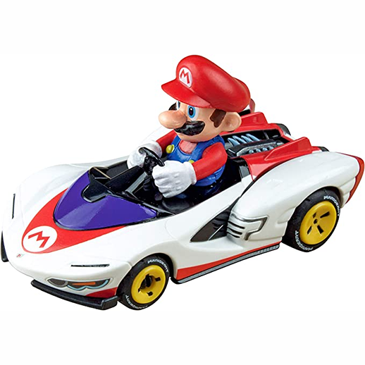 Detailed 1:43 scale slot car with Mario figure driving a white and red race car featuring yellow wheels