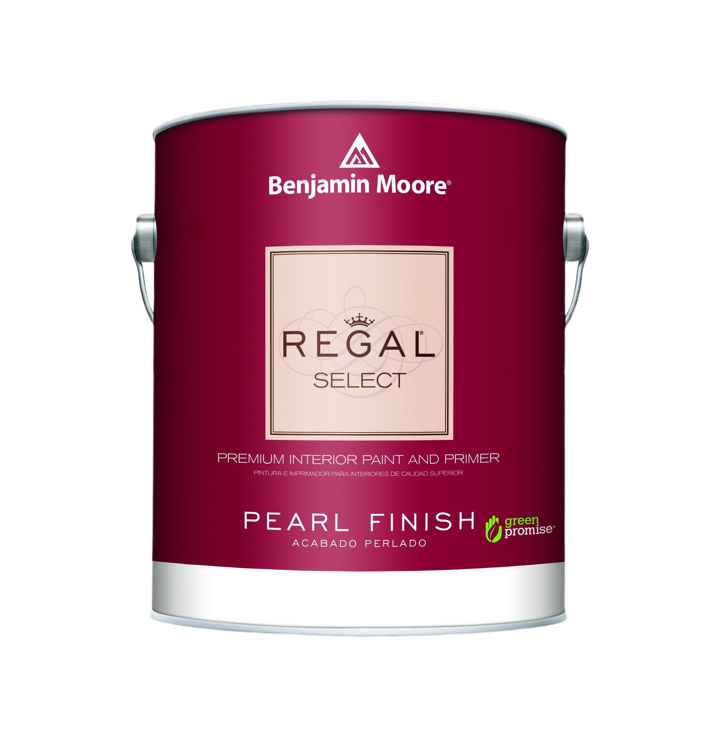 One gallon can of Benjamin Moore Regal Select interior wall paint with pearl finish and primer for home improvement.