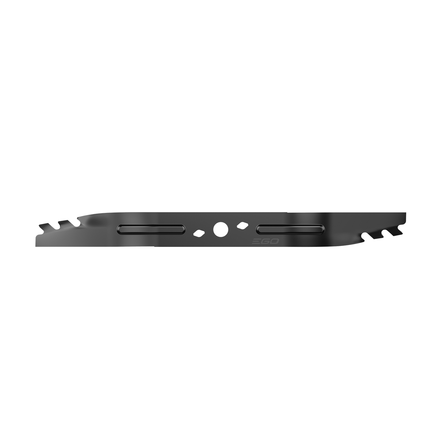 Black aluminum mower blade with precision slots and subtle EGO branding for outdoor power equipment tools