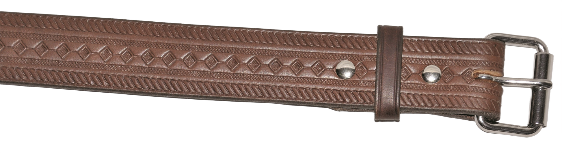 Brown leather utility belt with diamond pattern embossing and metal buckle for tools and home improvement use