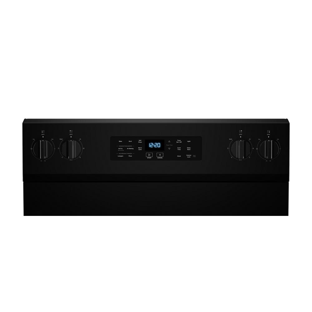 Control panel of a black 30-inch energy star electric range with digital clock and four control knobs