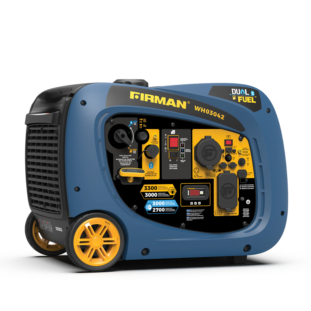 Blue and black dual fuel portable inverter generator with yellow wheels and control panel for tools and home use
