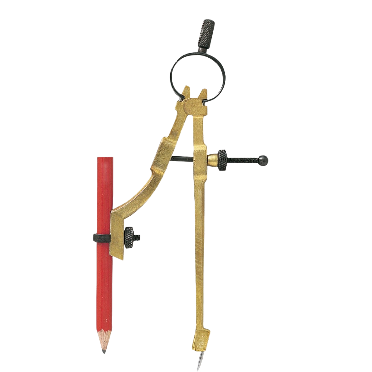 Adjustable brass divider and scriber with pencil holder for precise measuring and drafting in woodworking and office use