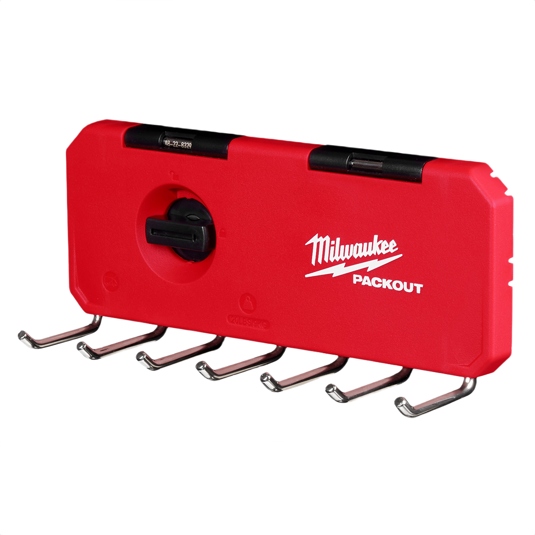 Red heavy-duty rack with seven metal hooks for garage and workshop tool storage and organization solutions