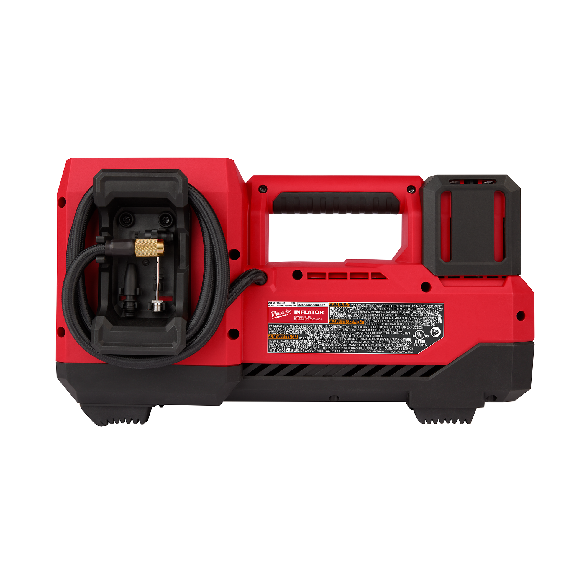 Red and black cordless tire inflator with built-in hose storage and ergonomic handle for tools and home use