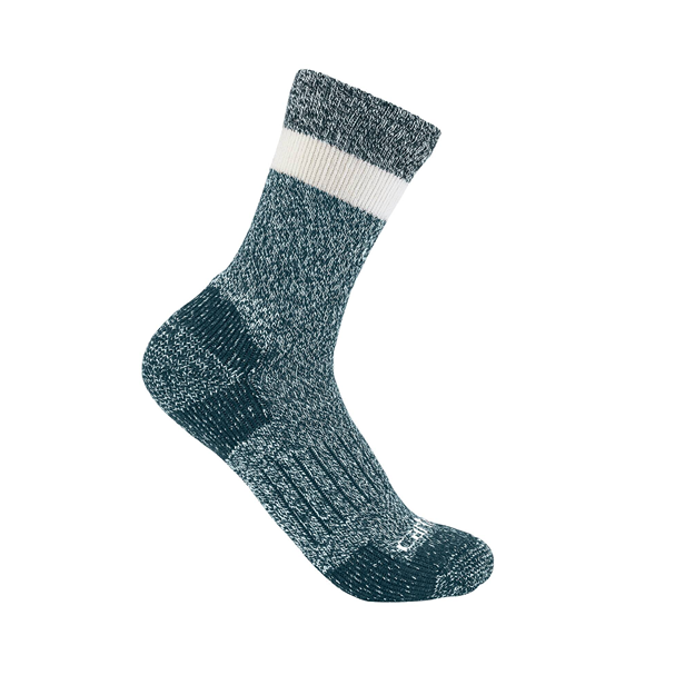 Blue and white striped crew sock designed for comfort and durability in outdoor and work settings