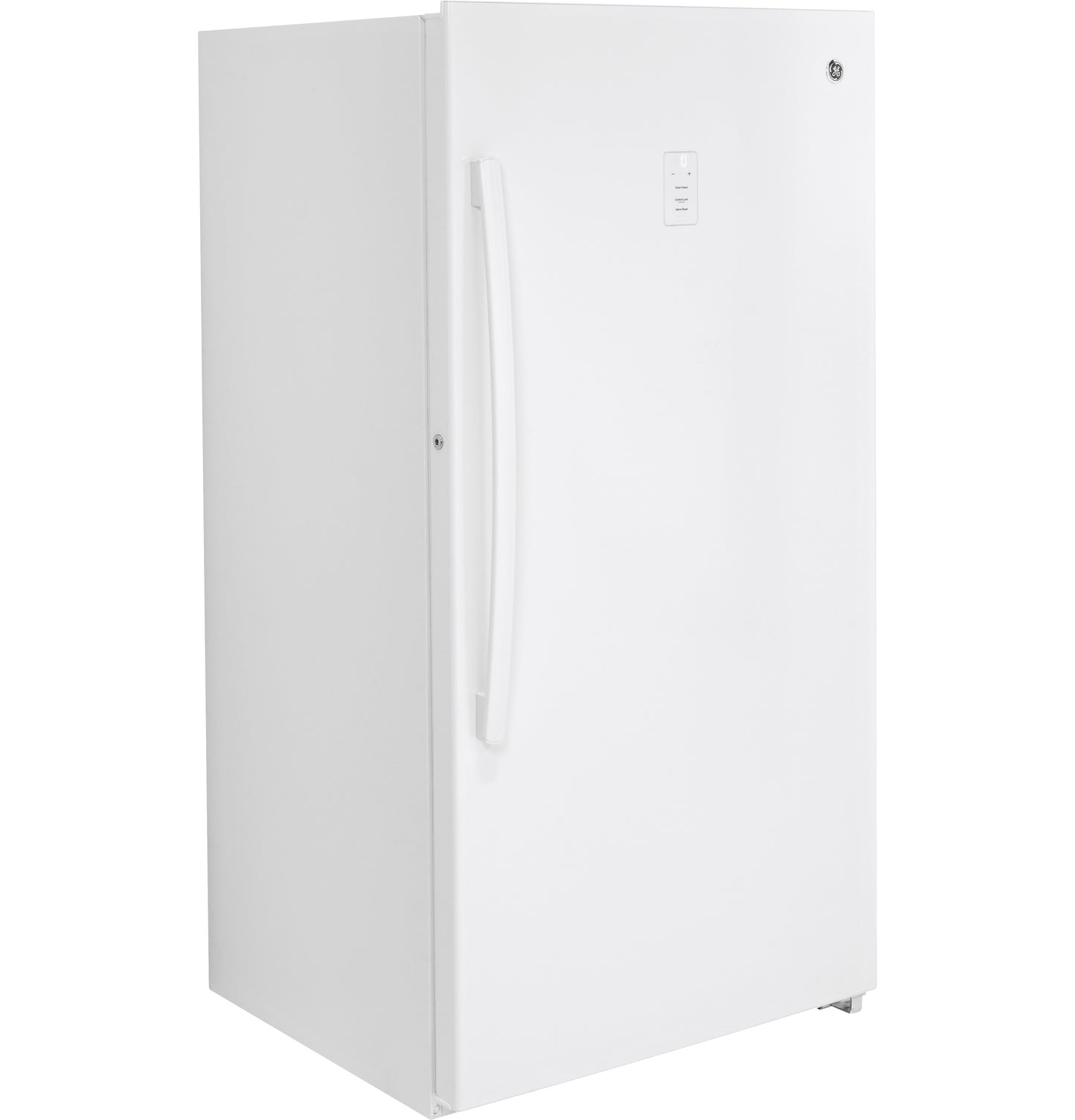 White upright freezer with single door and curved handle, designed for garage use from Freezers & Ice Makers collection