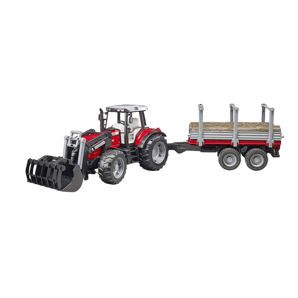Red and gray Bruder toy tractor with front loader and logging trailer for outdoor play in vehicles and toys under $100 collection