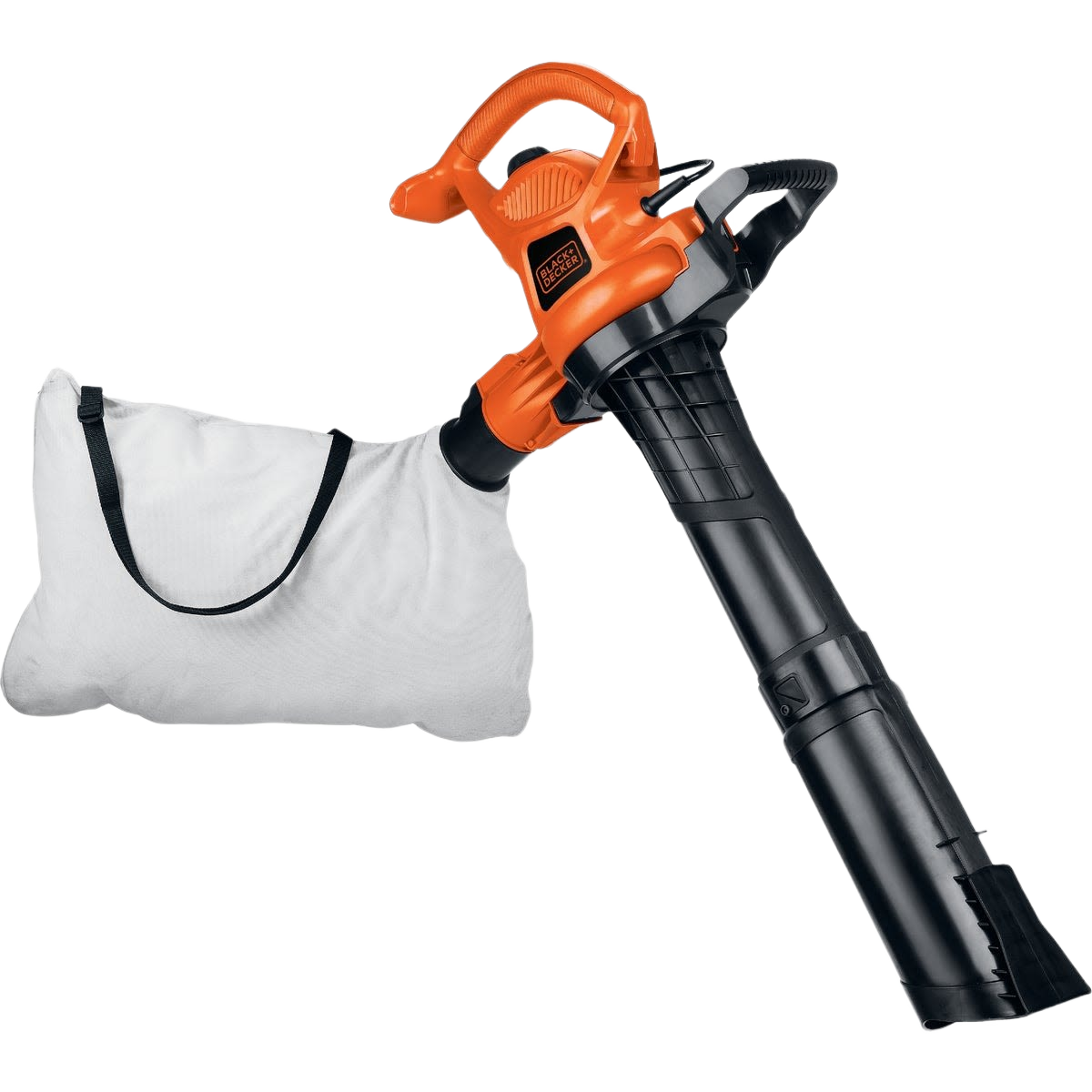 BLACK+DECKER Super Electric Blower/Vacuum/Mulcher in orange and black with attached white collection bag for home improvement tasks