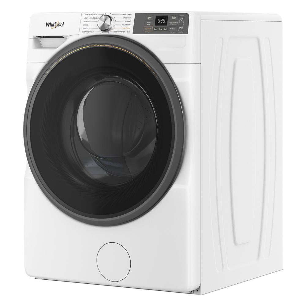 White smart front load washer with digital display and large black door from washers and appliances collection