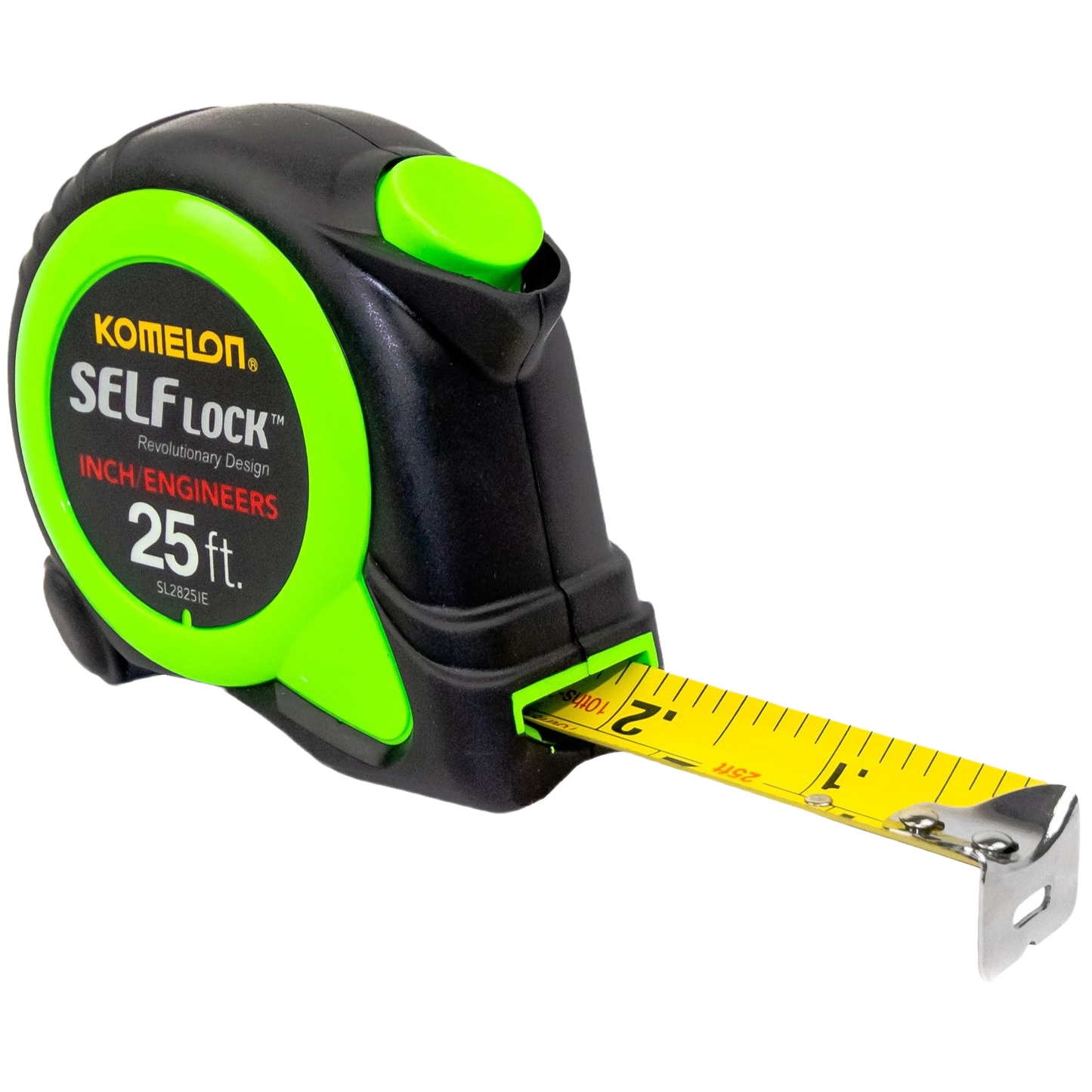 Black and green 25-foot measuring tape with nylon-coated blade and precision markings for woodworking hand tools and measuring tools