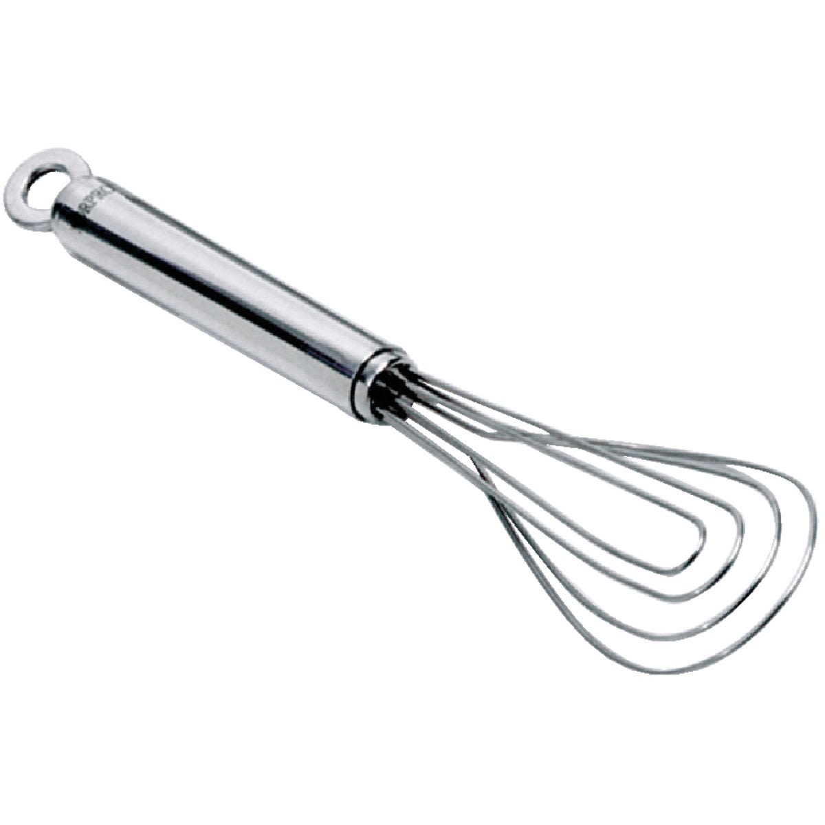 High polish stainless steel flat oval whisk with solid handle for efficient mixing in kitchen utensils and gadgets collections