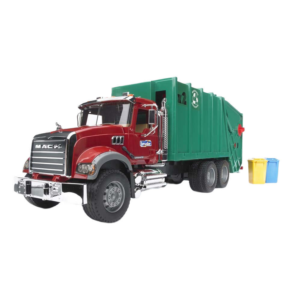 Red and green scale model Mack Granite garbage truck toy with recycling bins from Bruder Toys and Vehicles collection
