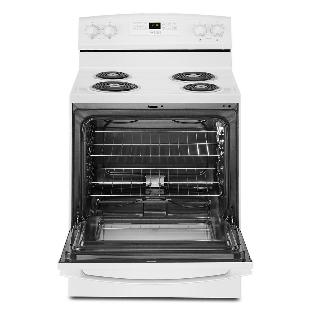 Front view of white electric range with open oven door showing interior racks and coil cooktop burners