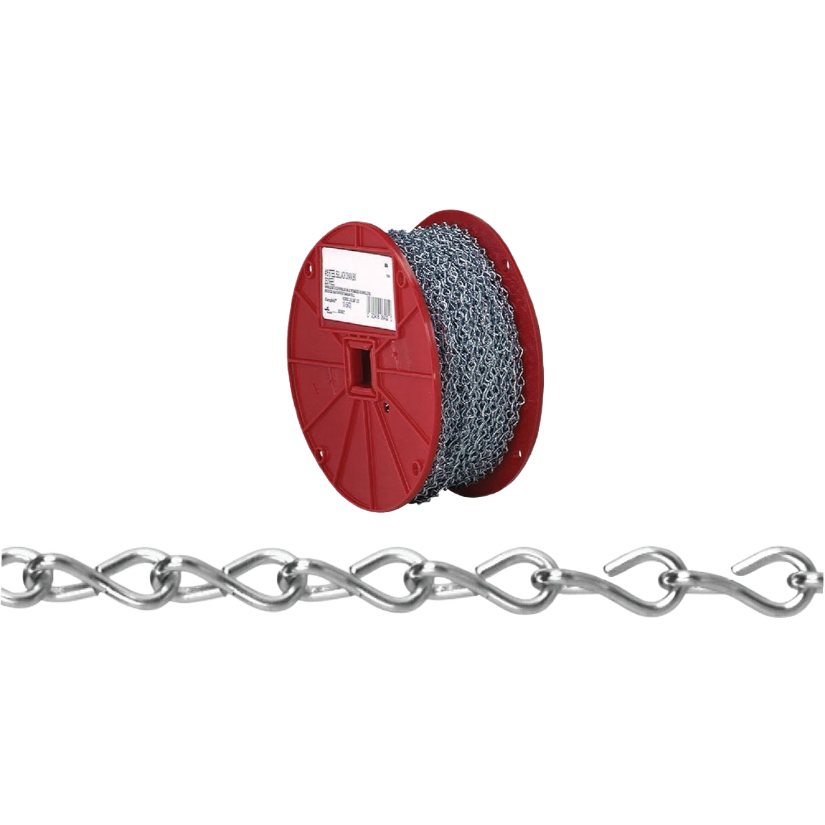 250-foot zinc-plated steel coil chain on a red spool for durable home improvement and tool applications