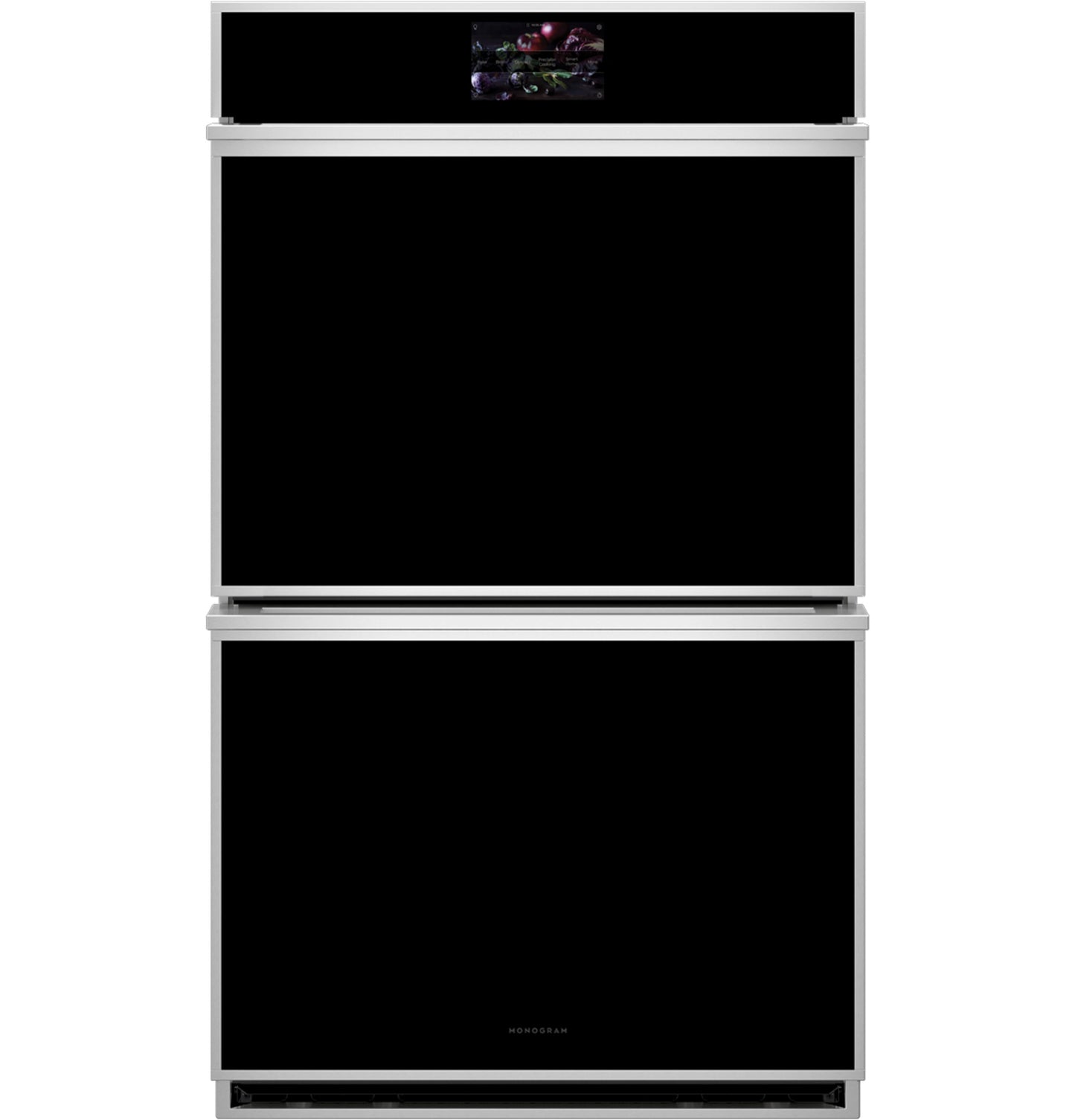 Double wall oven with minimalist black glass doors and stainless steel trim for modern kitchen appliances collection