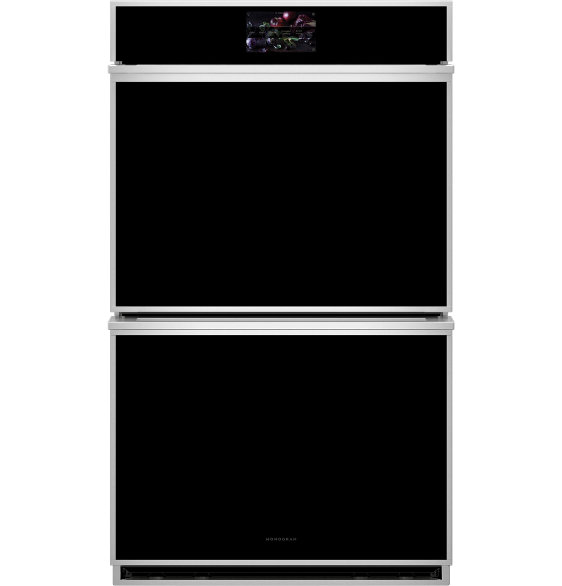 Double wall oven with minimalist black glass doors and stainless steel trim for modern kitchen appliances collection