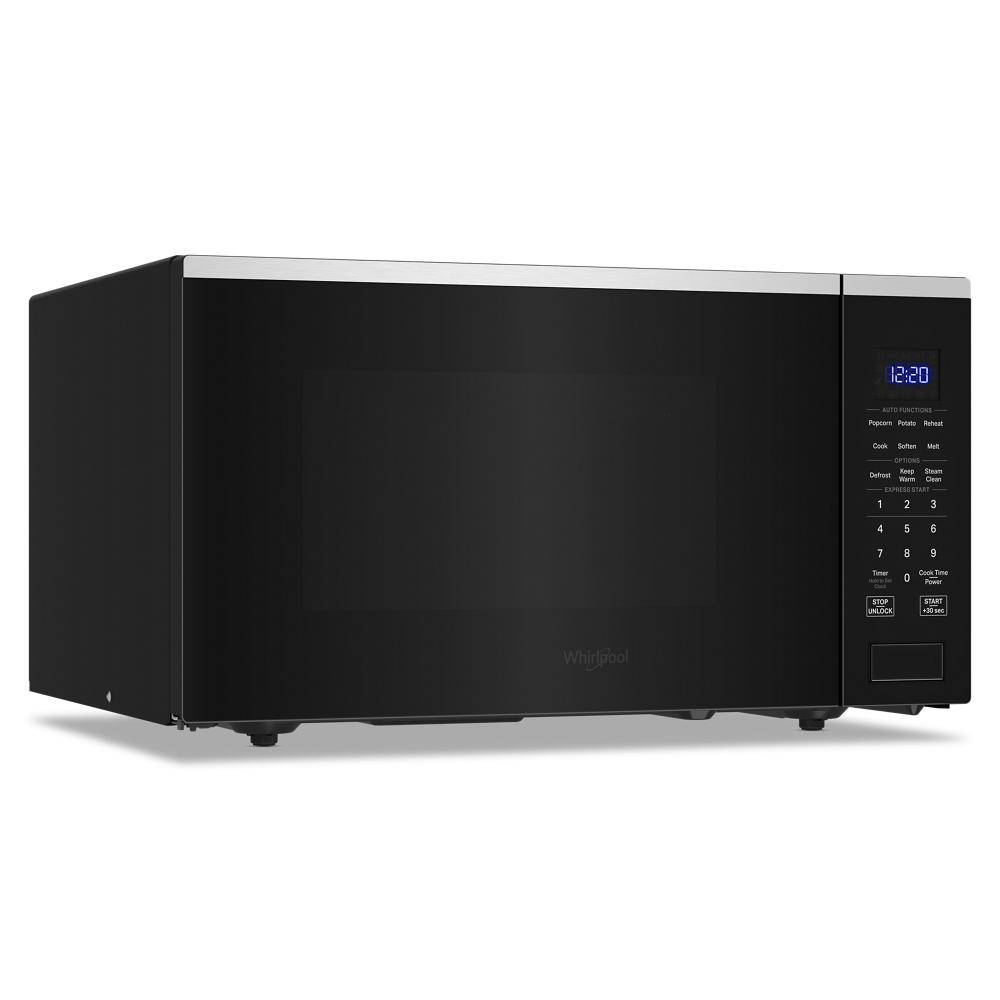 Black Whirlpool sensor microwave with digital keypad and blue LED display in Microwaves at Hartville Hardware