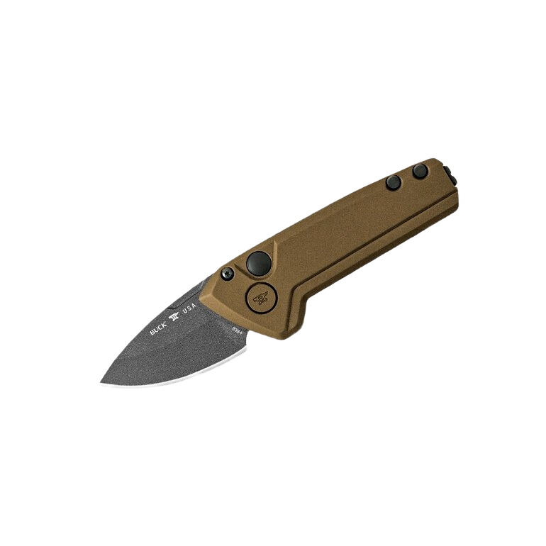 Compact automatic folding knife with bronze handle and drop-point steel blade for cutting and woodworking tasks
