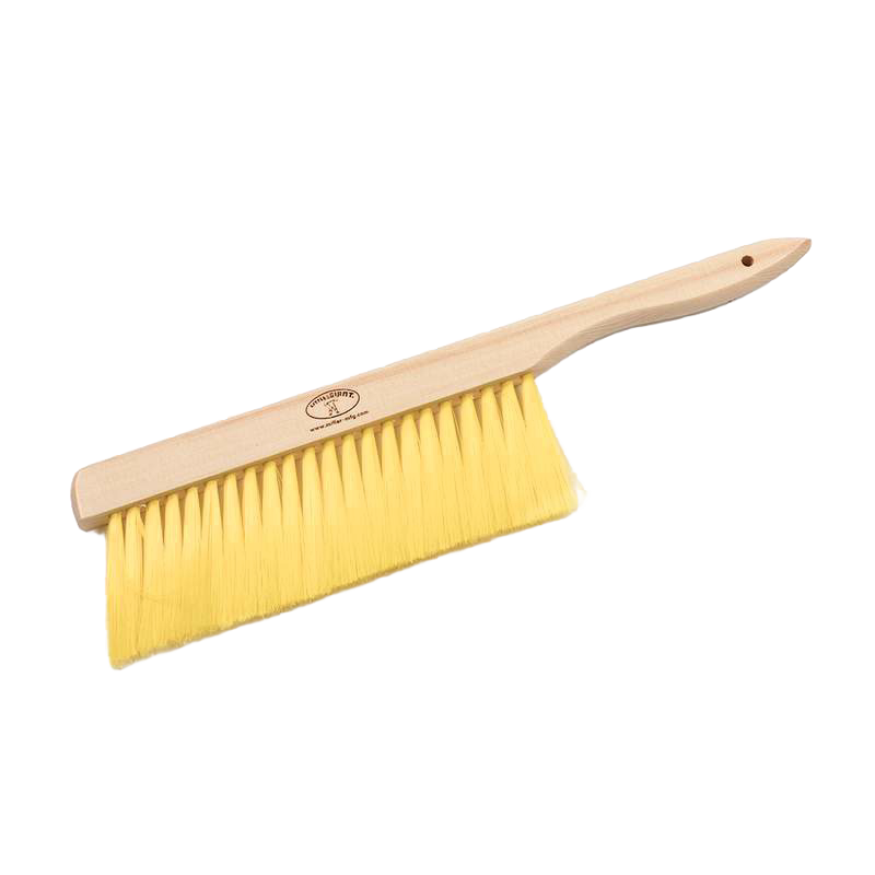 Wood handle beekeeping brush with soft yellow bristles for gentle hive inspections in beekeeping supplies and wildlife collections