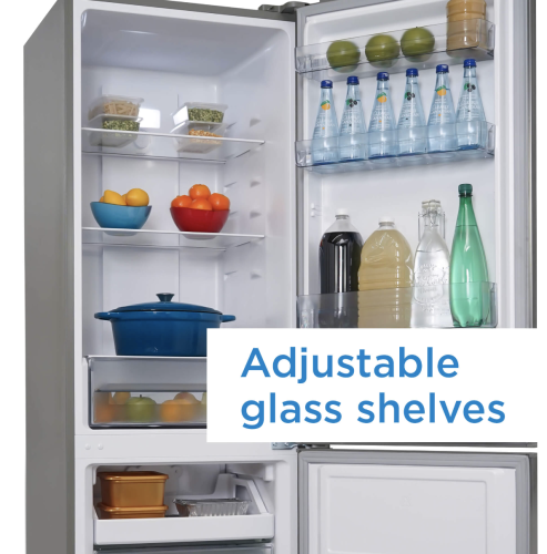 Bottom mount refrigerator with adjustable glass shelves, clear crispers, and organized beverage and food storage in kitchen appliances collection
