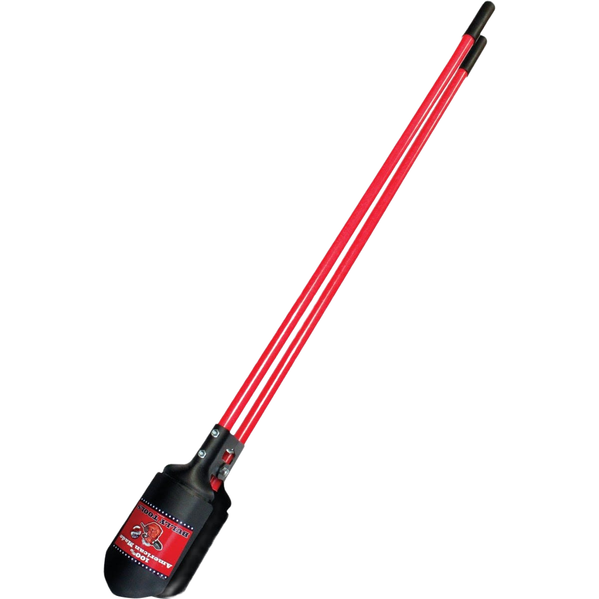 Post hole digger with red fiberglass handles and black digging blades for home improvement and landscaping tasks