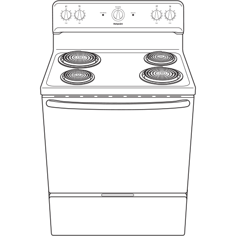 Line drawing of a free-standing electric range with coil burners and control knobs from ranges and appliances collection