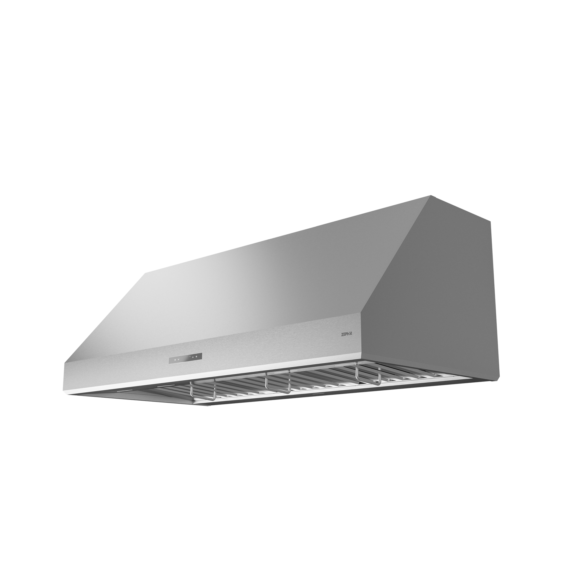 Brushed stainless steel kitchen under cabinet vent hood with modern ventilation design and low-profile style