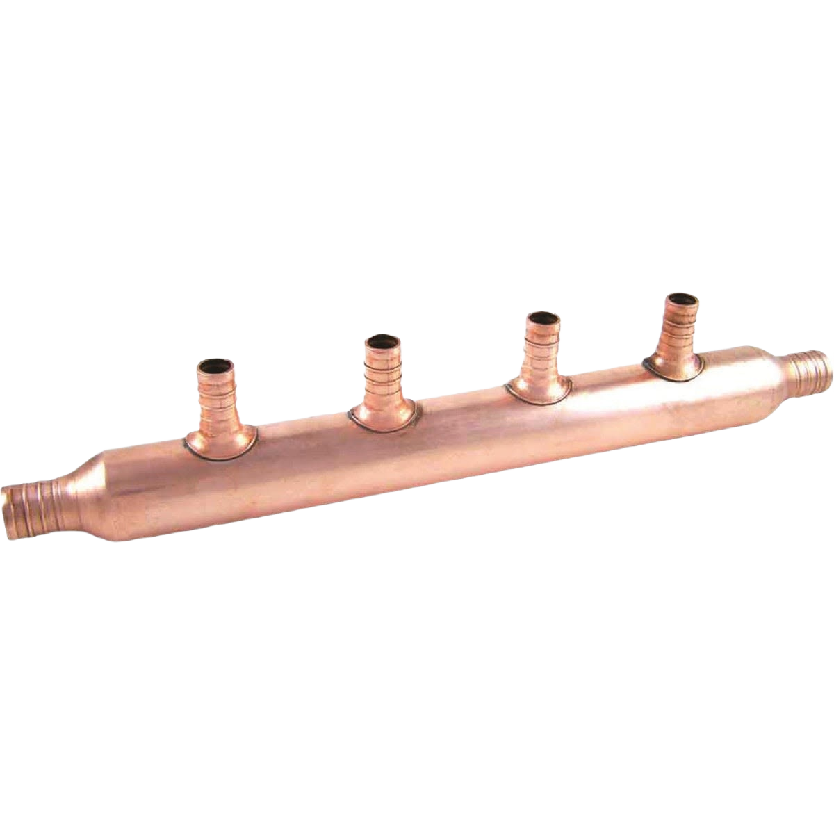 Copper plumbing manifold with four PEX barb outlets for efficient water distribution in Pipes & Fittings collection under $100