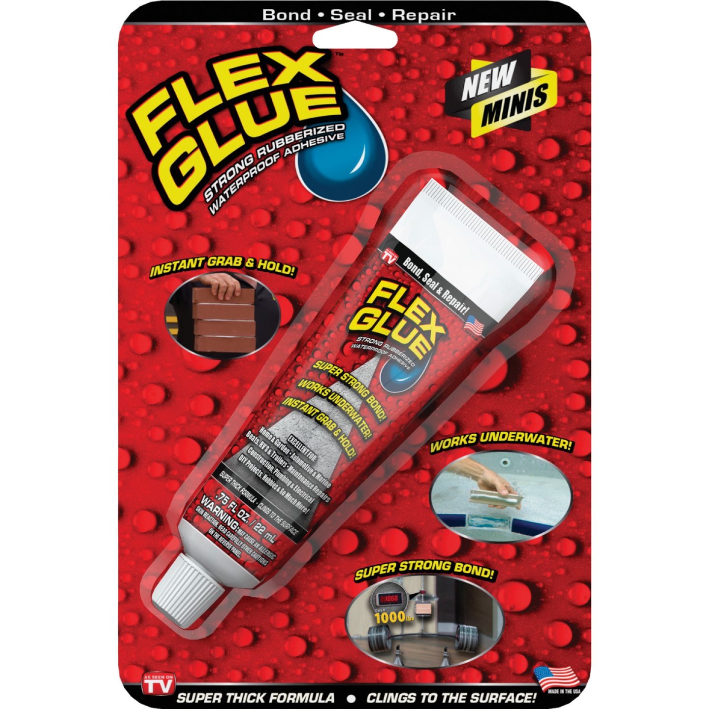 Mini tube of white multi purpose adhesive with waterproof, rubberized formula for home improvement and repair projects