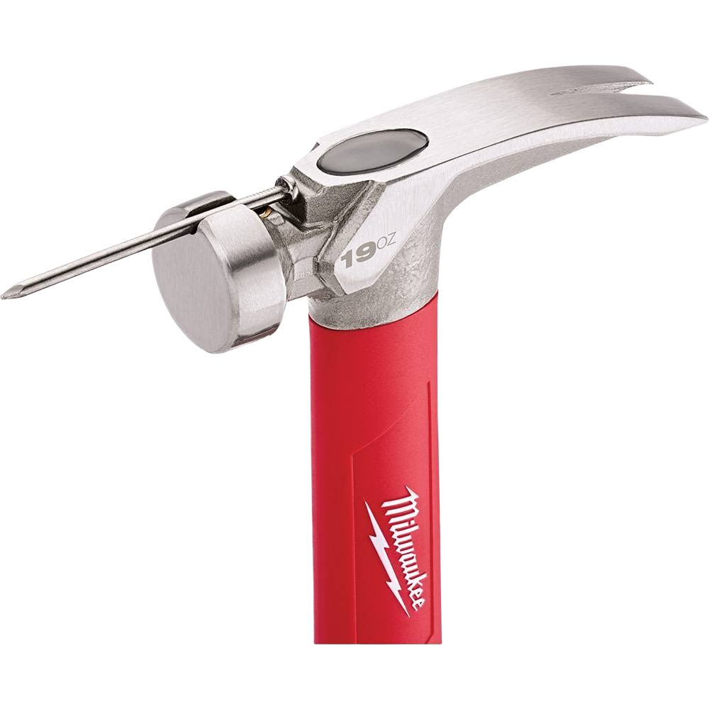 Close-up of a 19-oz smooth face hammer head with claw and red poly-fiberglass handle for home improvement tools use