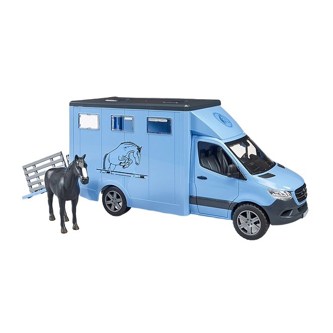 Blue Bruder MB Sprinter animal transporter toy with black horse figure, part of Vehicles & Remote Controlled Toys collection