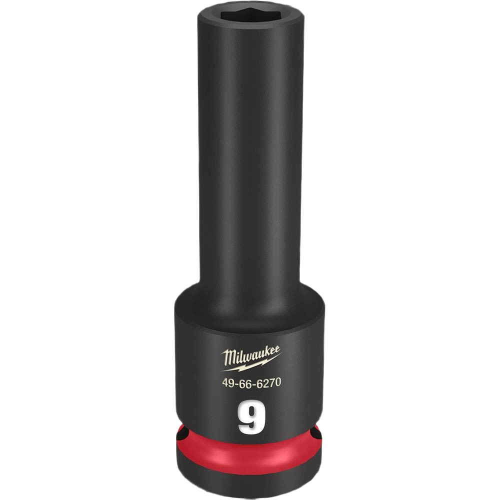 Black 9-mm deep drive socket with red accent, impact duty design for hand tools and woodworking applications under $50
