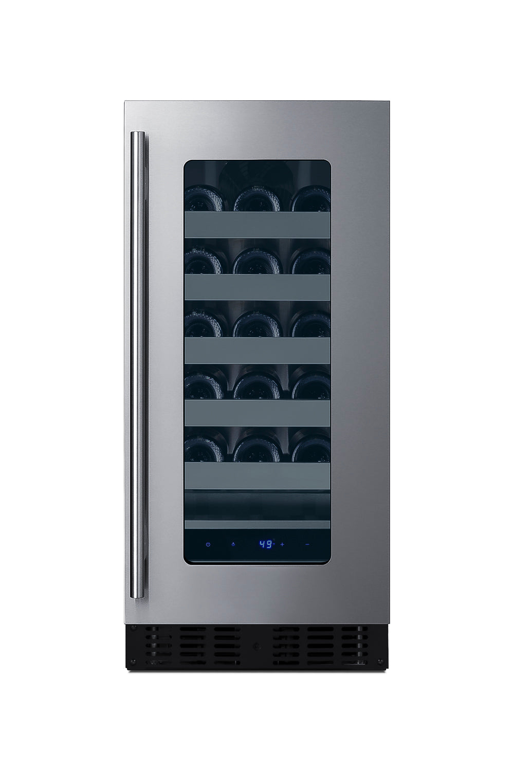 Built-in stainless steel wine cellar with glass door, digital control panel, and multiple racks in beverage center collection