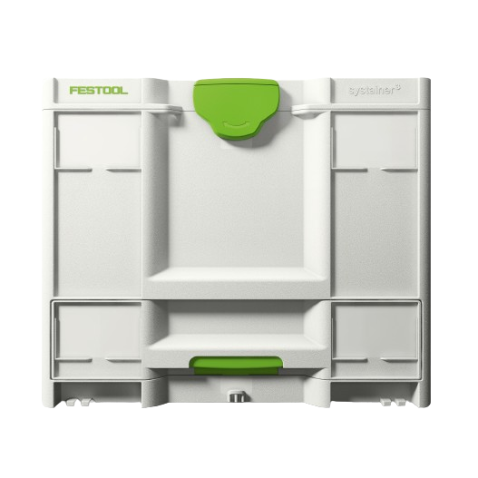 Compact white and green modular tool storage box designed for jobsite and workshop organization in tool storage collections