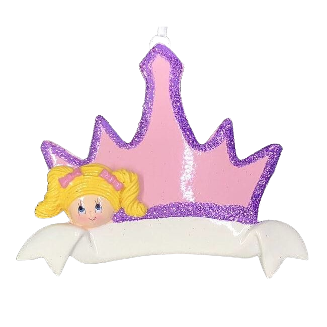 Pink glitter-trimmed crown ornament with blonde girl face and white banner for Christmas Ornaments & Tree Decorations under $50 collection