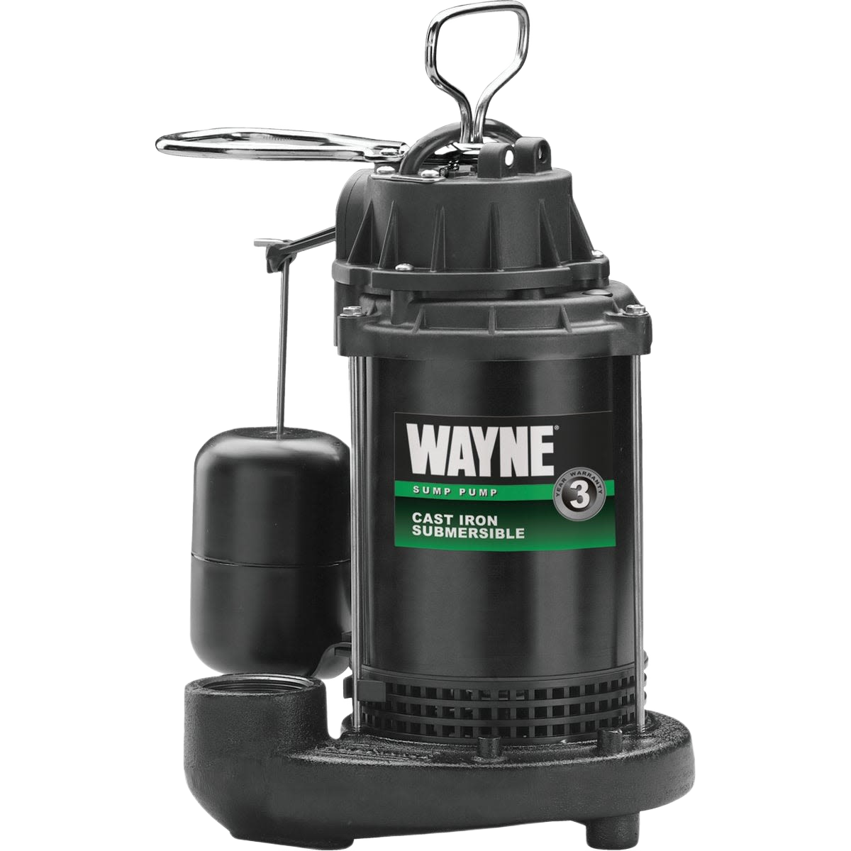 Black cast-iron submersible sump pump with float switch for water removal in home improvement projects