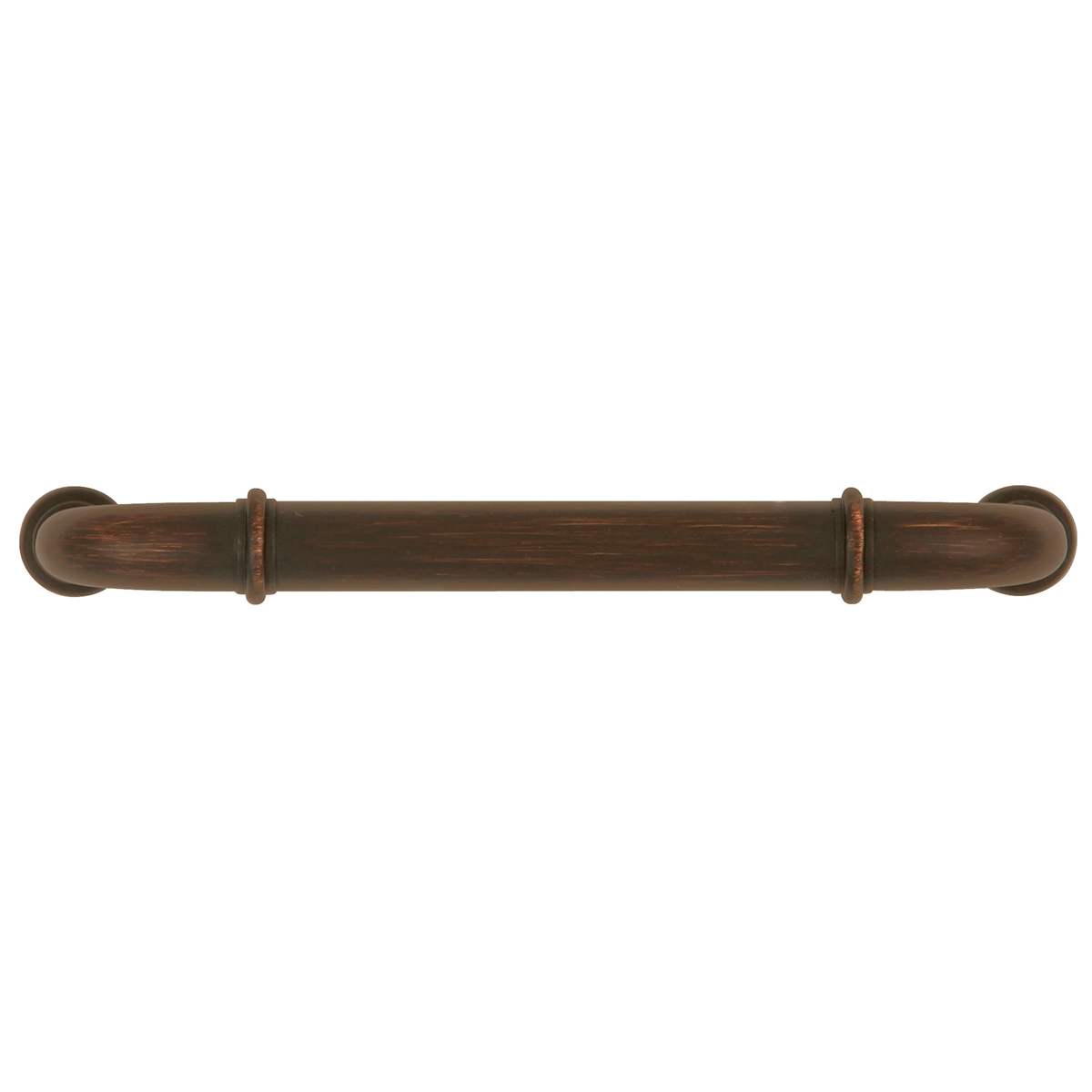 Vintage bronze cabinet handle with rounded ends and decorative rings for home improvement projects