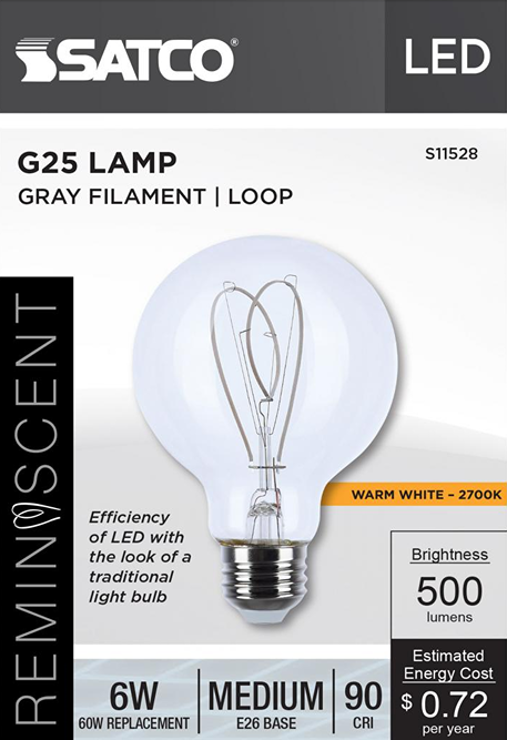 Satco G25 LED bulb with gray filament loop, warm white 2700K light, medium base, 500 lumens, energy-efficient home lighting under $50