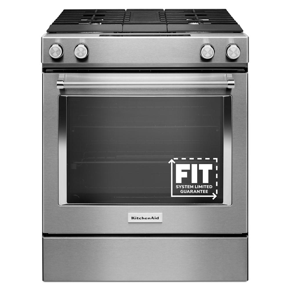 Stainless steel 30-inch dual fuel range with four burners, downdraft ventilation, and slide-in design for kitchens