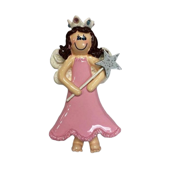 Brown-haired princess figurine ornament in pink dress holding silver star wand for Christmas tree decoration collection