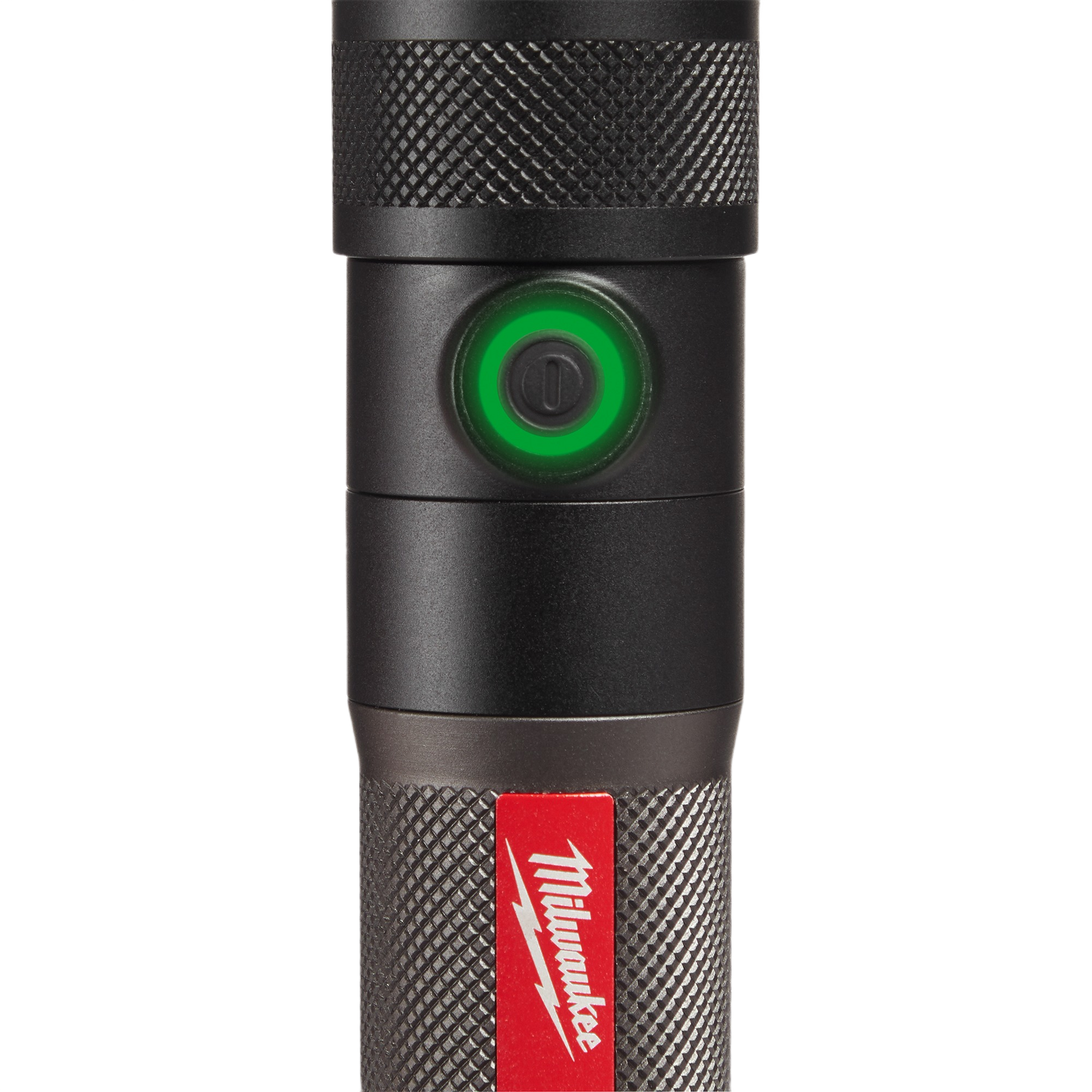 Black USB rechargeable flashlight with green illuminated power button and textured grip for tools and home improvement tasks